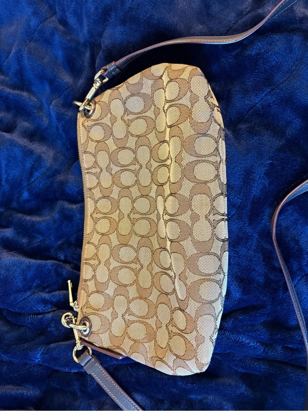 Coach Beige Signature Canvas Shoulder Bag with Brown Leather Strap